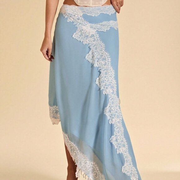 Baby Blue Elegant Women's Lace Trim Asymmetric Hem Split Chiffon Skirt - Picture 7 of 9
